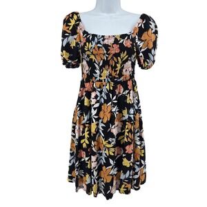 Roxy Women's Hello Petal Mini Dress Black Floral Smocked Puff Sleeve Small‎ Boho